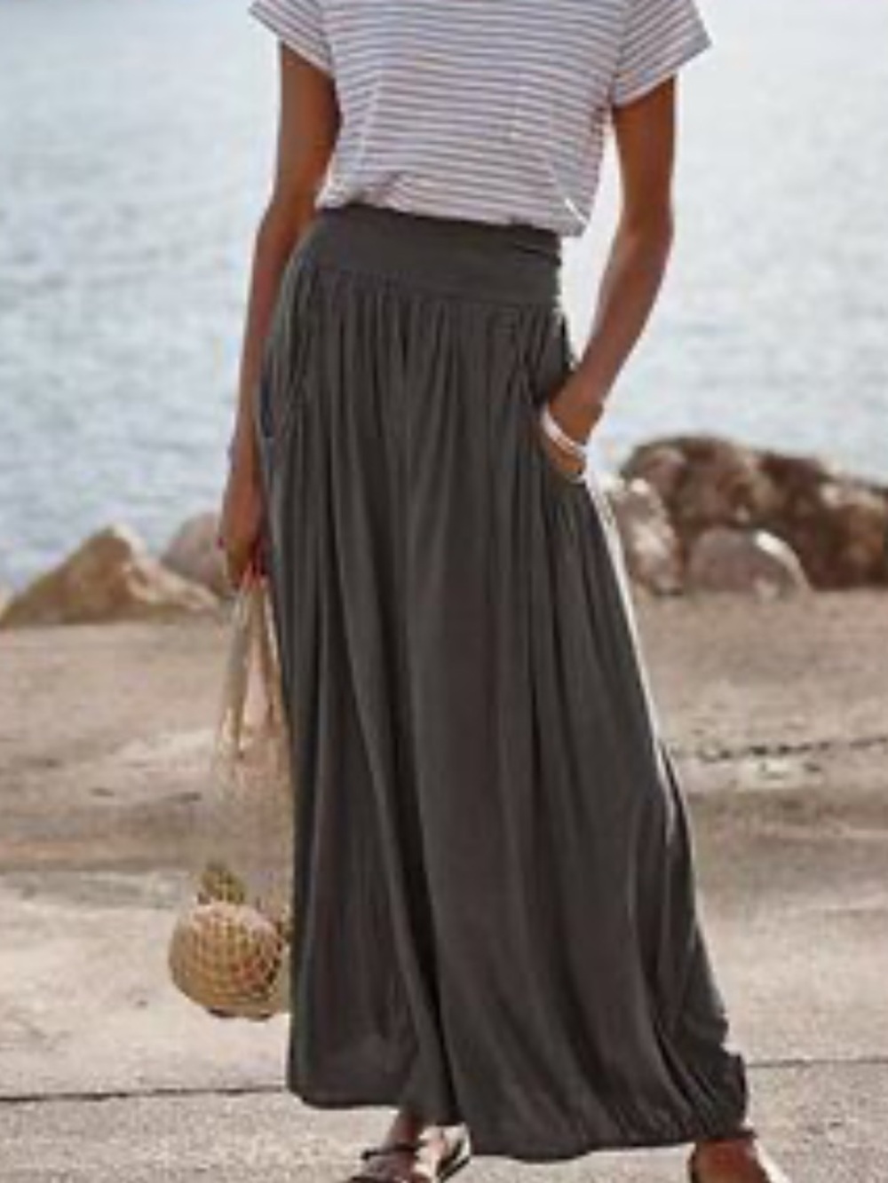 Garnet Hill light gray gathered pockets Maxi Skirt with Wide Waistband size smal